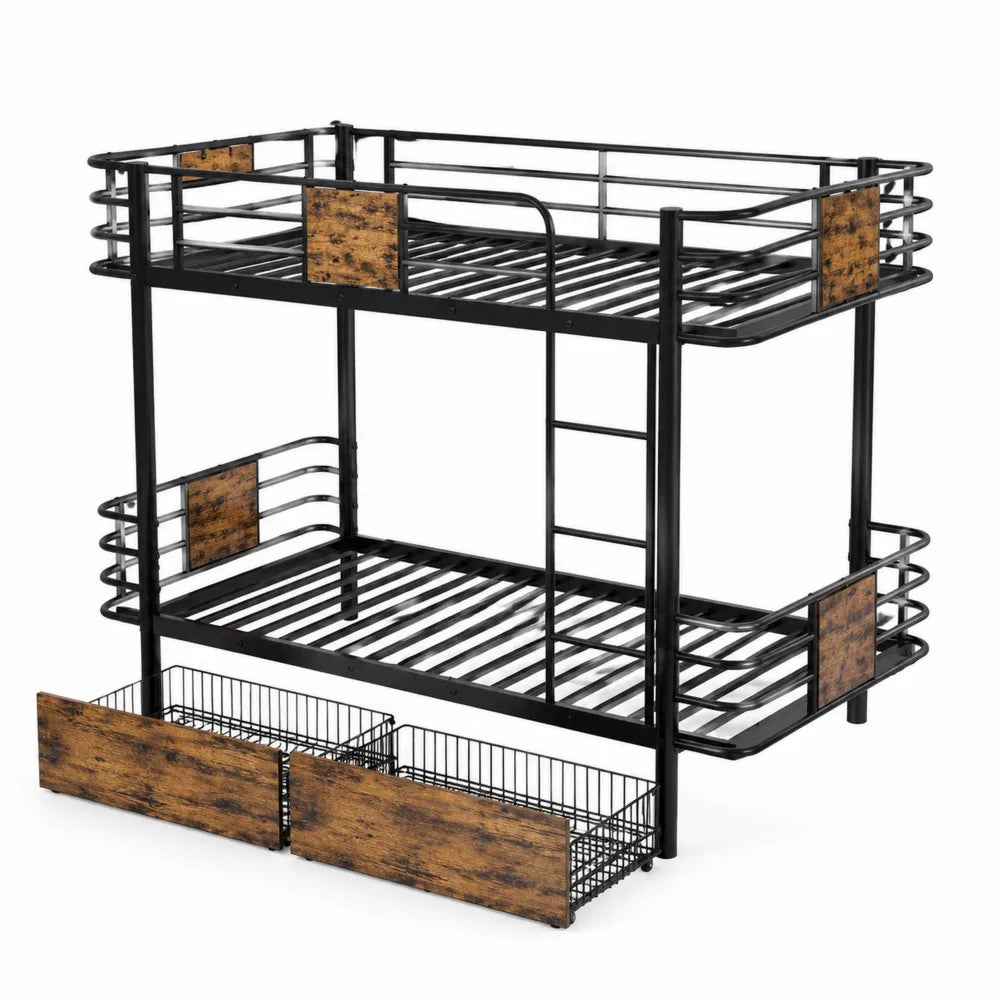 Letto a Castello in Metallo Nero e Legno Marrone con Cassettiere