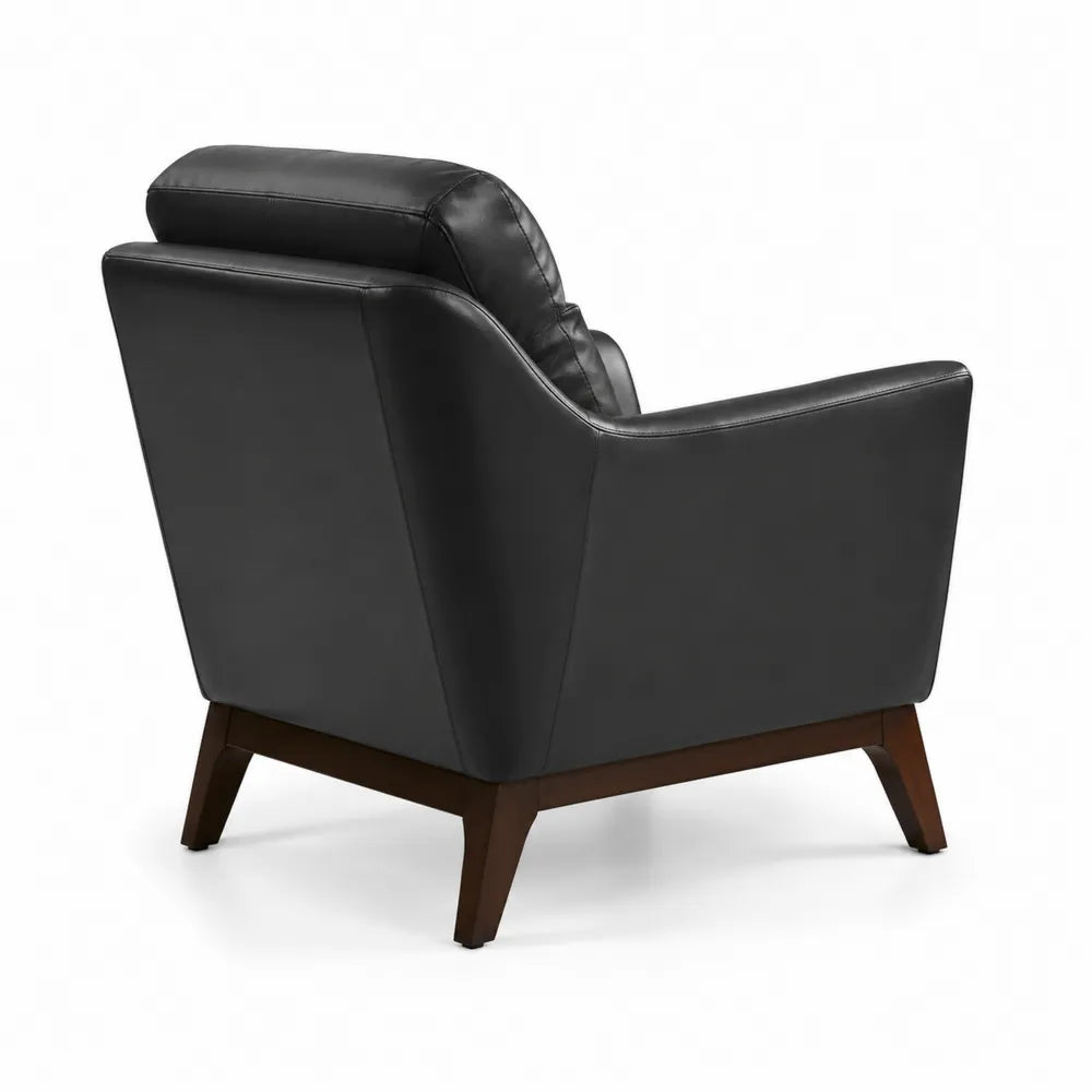 Poltrona in pelle nera con gambe in legno di faggio