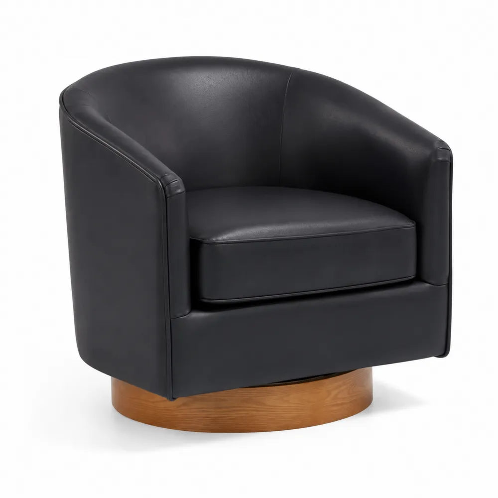 Poltrona girevole in pelle sintetica nera e base in legno