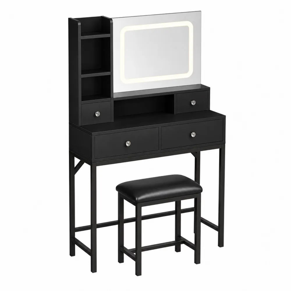 Toilette in Legno e Metallo Nero con Specchio LED e Sgabello