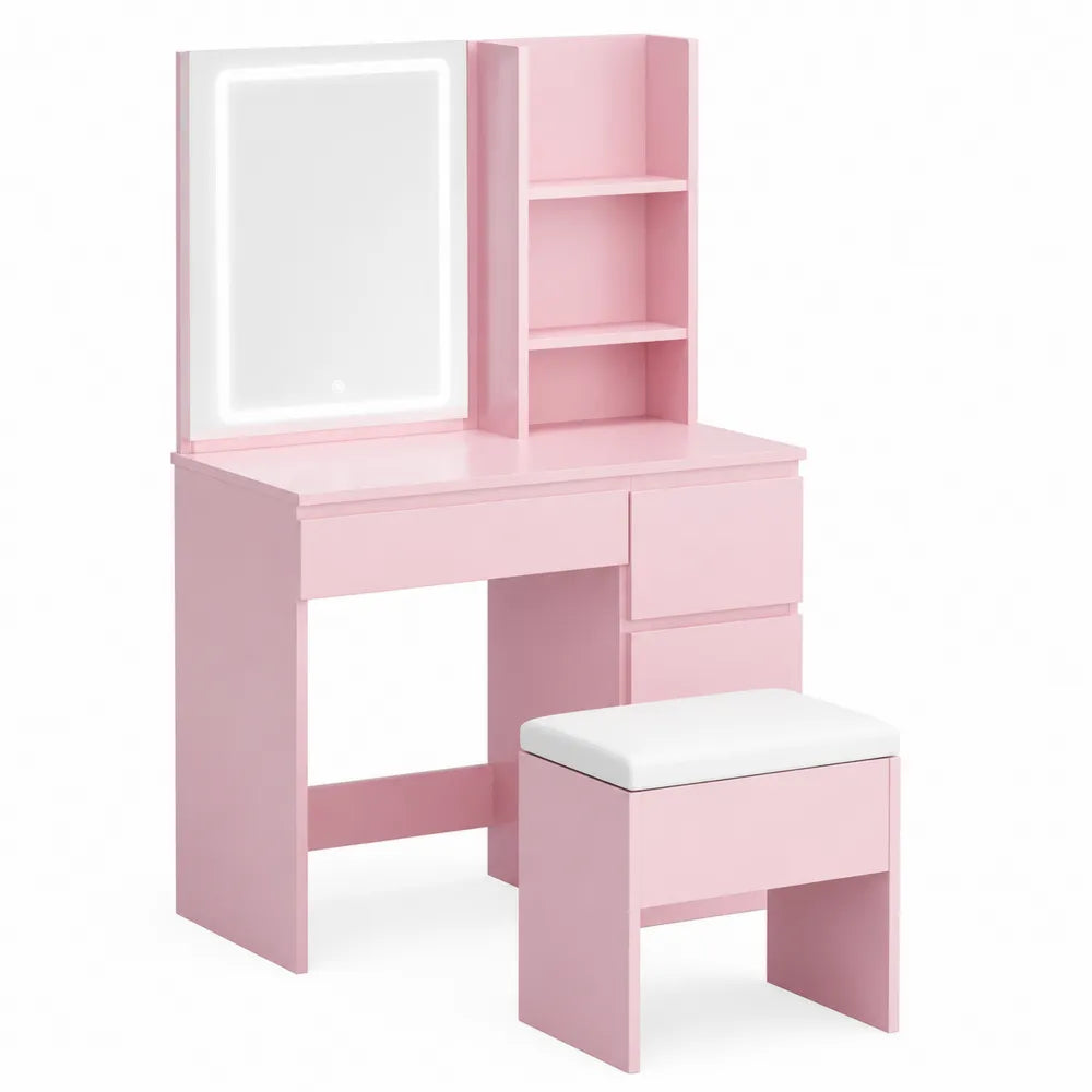 Toeletta con Specchio LED in Legno Composito Rosa con Sgabello