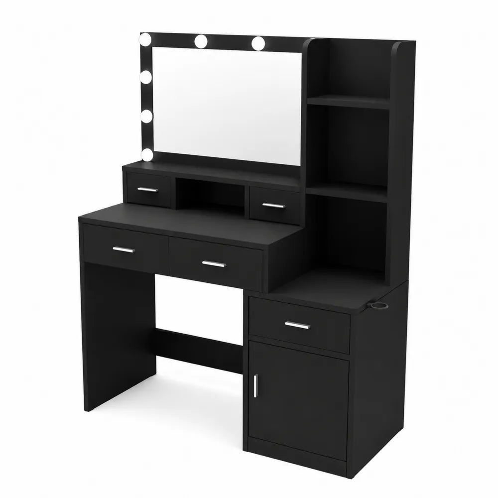 Toletta in MDF Nero con Specchio Illuminato e Cassetti
