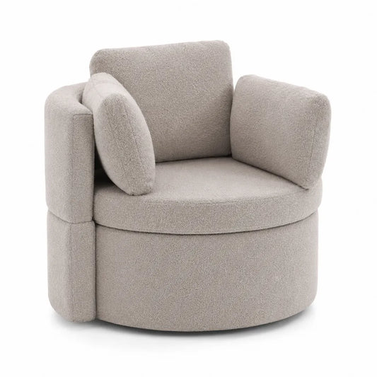 Poltrona rotonda in tessuto beige con imbottitura