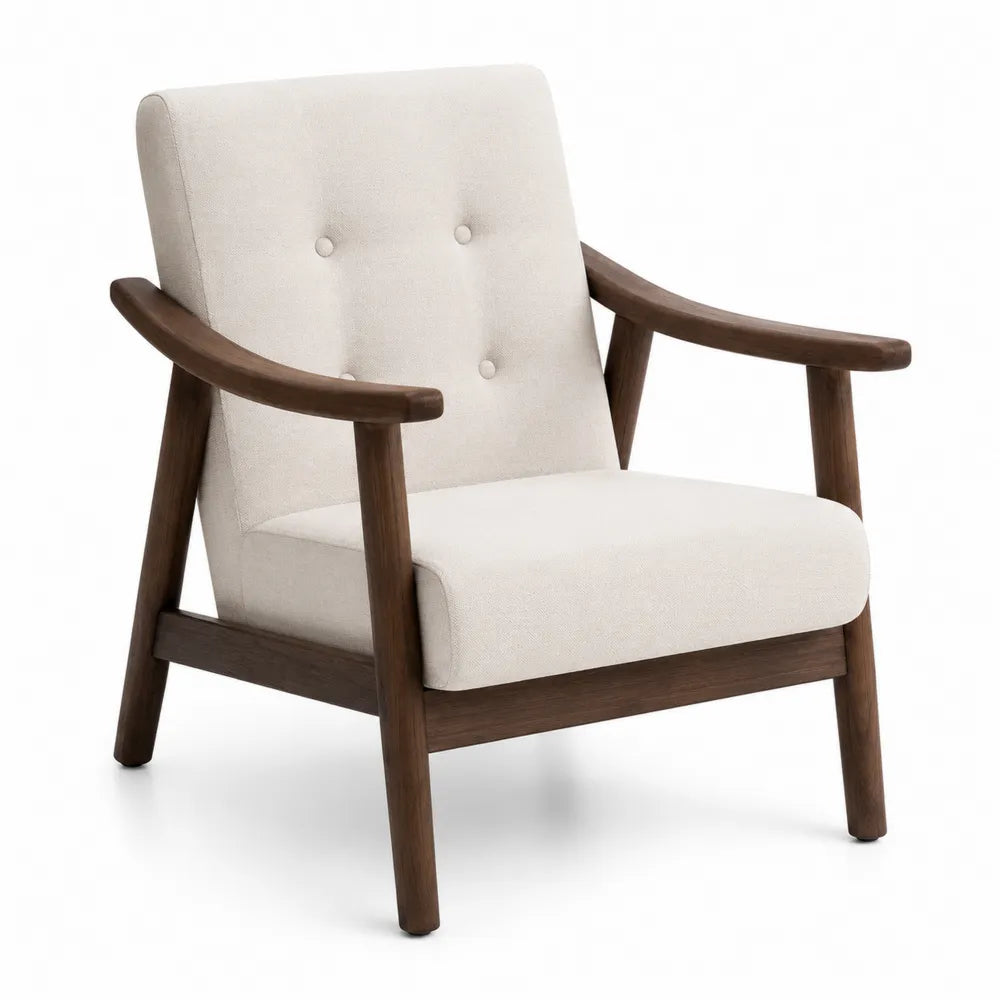 Poltrona in Tessuto Beige con Struttura in Legno di Noce