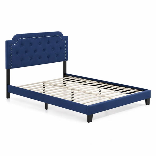 Letto matrimoniale in legno e velluto con testiera blu