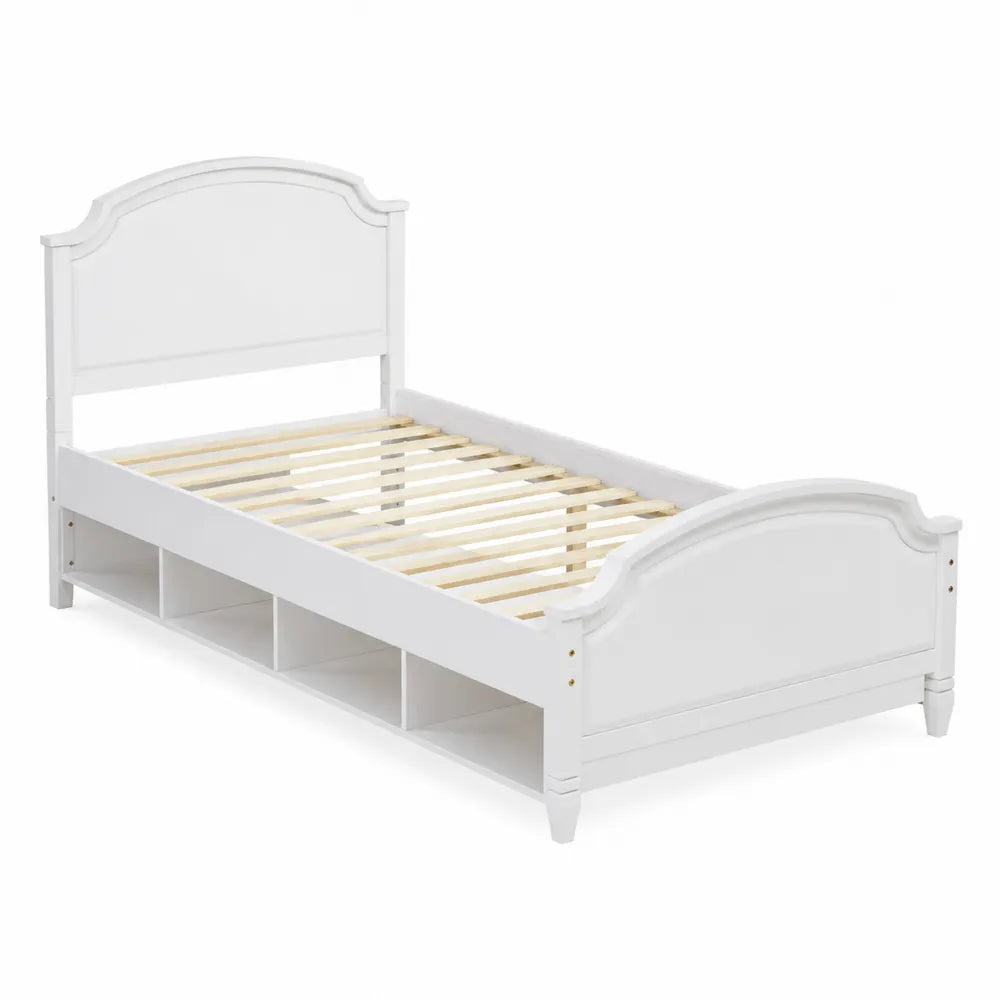 Letto singolo in legno bianco con testiera e vani portaoggetti