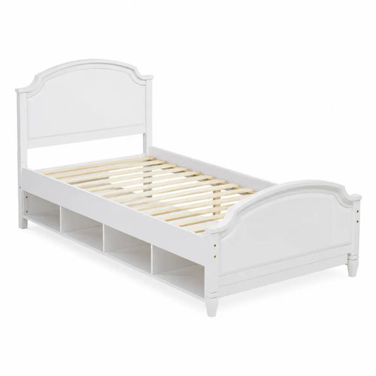 Letto singolo in legno bianco con testiera e vani portaoggetti