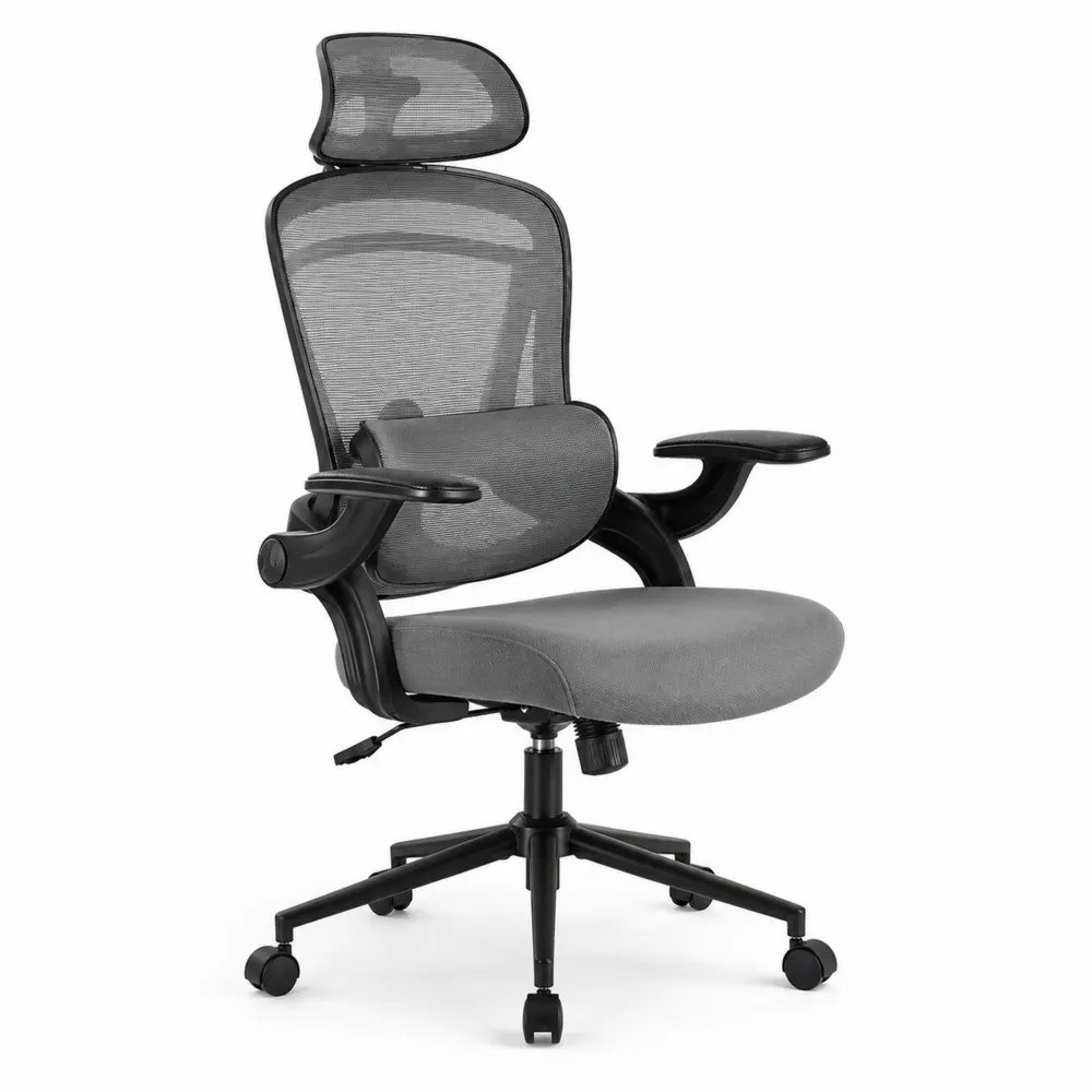 Sedia ergonomica in rete e tessuto grigia regolabile con braccioli