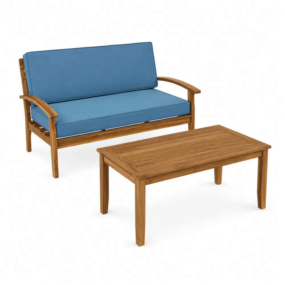 Set divano da esterno in legno di acacia con cuscini blu