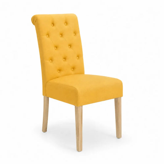 Sedia da pranzo in tessuto giallo con gambe in legno